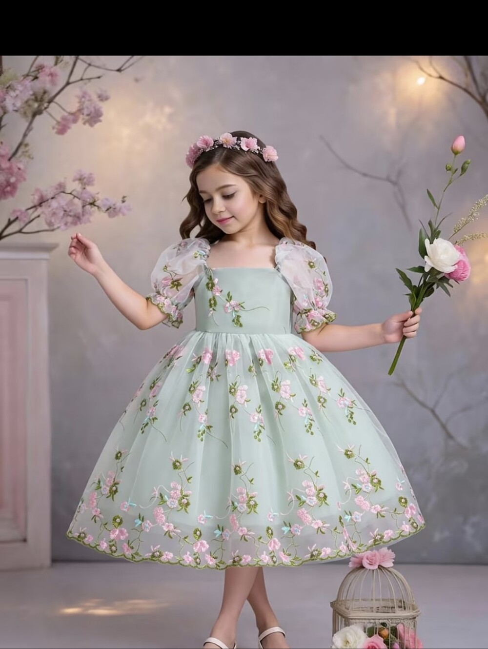 Girls Mint Green Embroidered Floral Party Dress sz 6yr #1369-1517